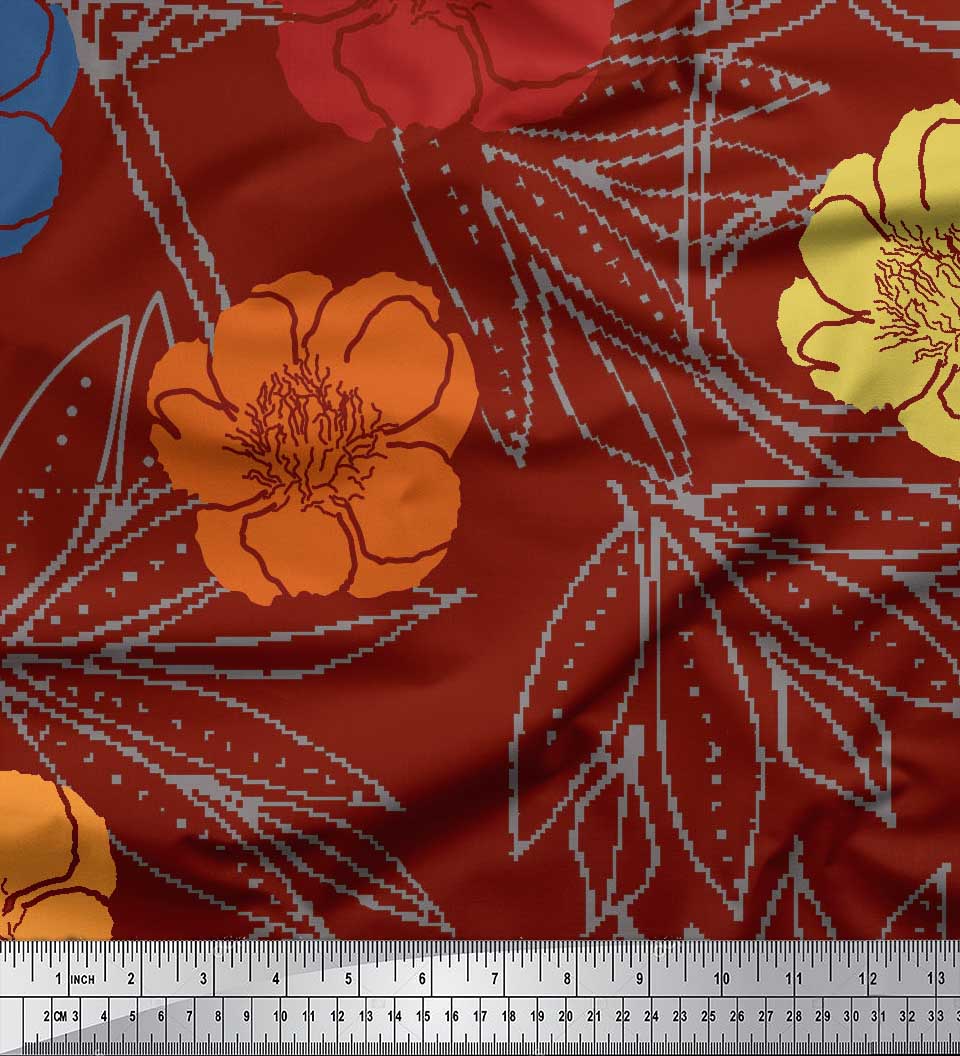 

Тканина Soimoi Blue з японського креп-сатину, листя та квіти, намальовані вручну, на метр 42 дюйма 42 Inch Wide - Poly Crepe червоний