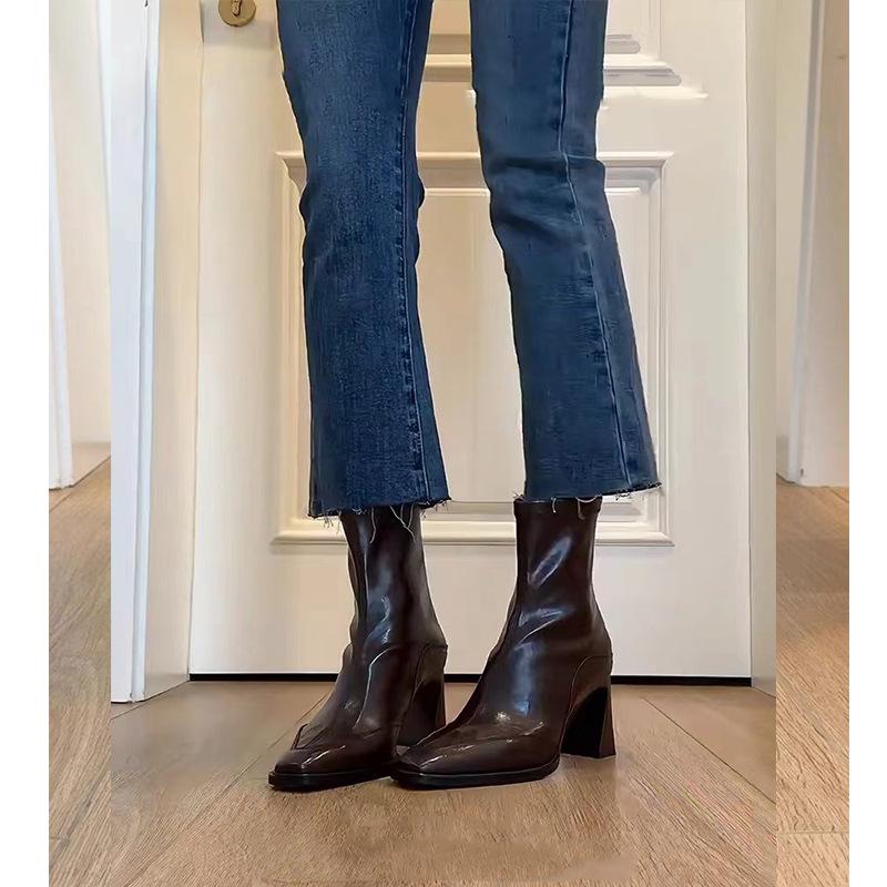 Han thick heel square head short boots retro elastic thin boots women's rear zipper high heel short boots Martin boots women's