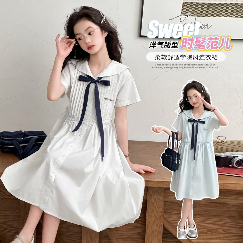 Girls' Korean version college style summer dress, new summer children's stylish navy collar bow dress