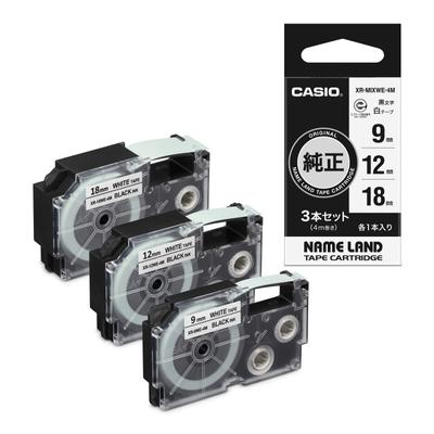 Original Casio Nameland Etikettenband 9 mm, 12 mm, 18 mm, 3er-Set XR-MIXWE-4M, schwarze Buchstaben auf weißem Hintergrund