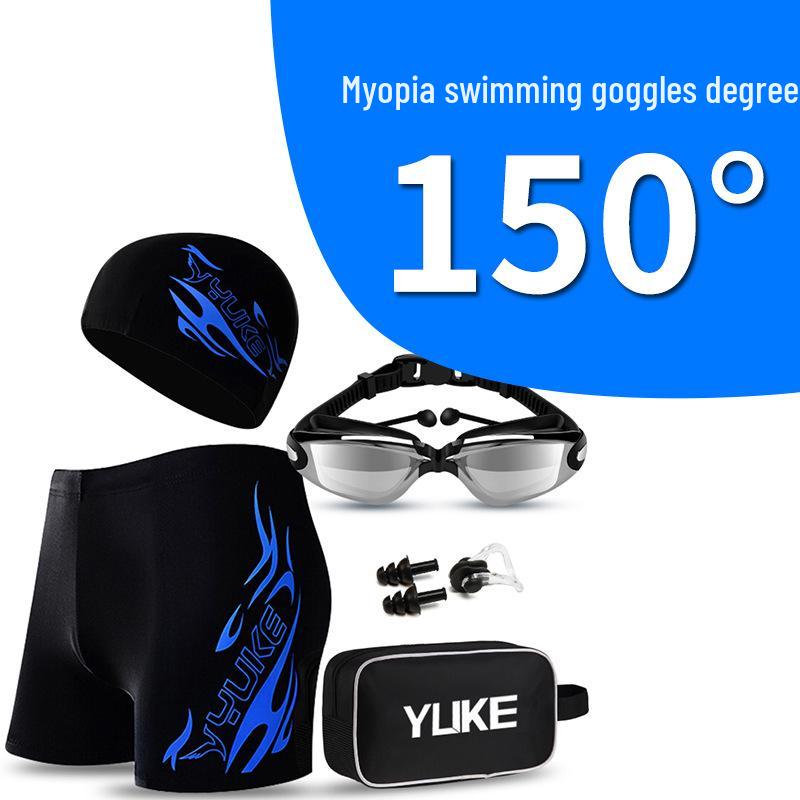 Men's Plus Size Swim Trunks with Flat Leg and Swim Gear Set (Includes Goggles and Cap)