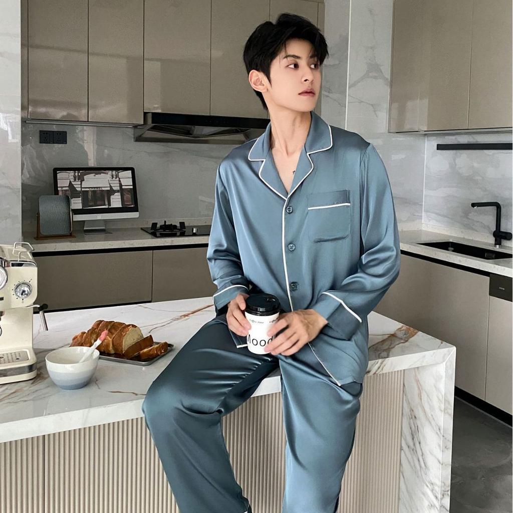 New pajamas boys spring and autumn summer long-sleeved trousers ice silk Korean high-end men's thin loungewear suit