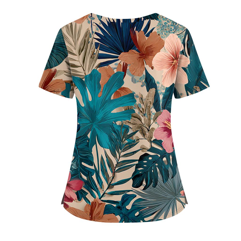 Women's Hawaiian Print V-Neck Double Pocket Short Sleeve Uniform/ Top