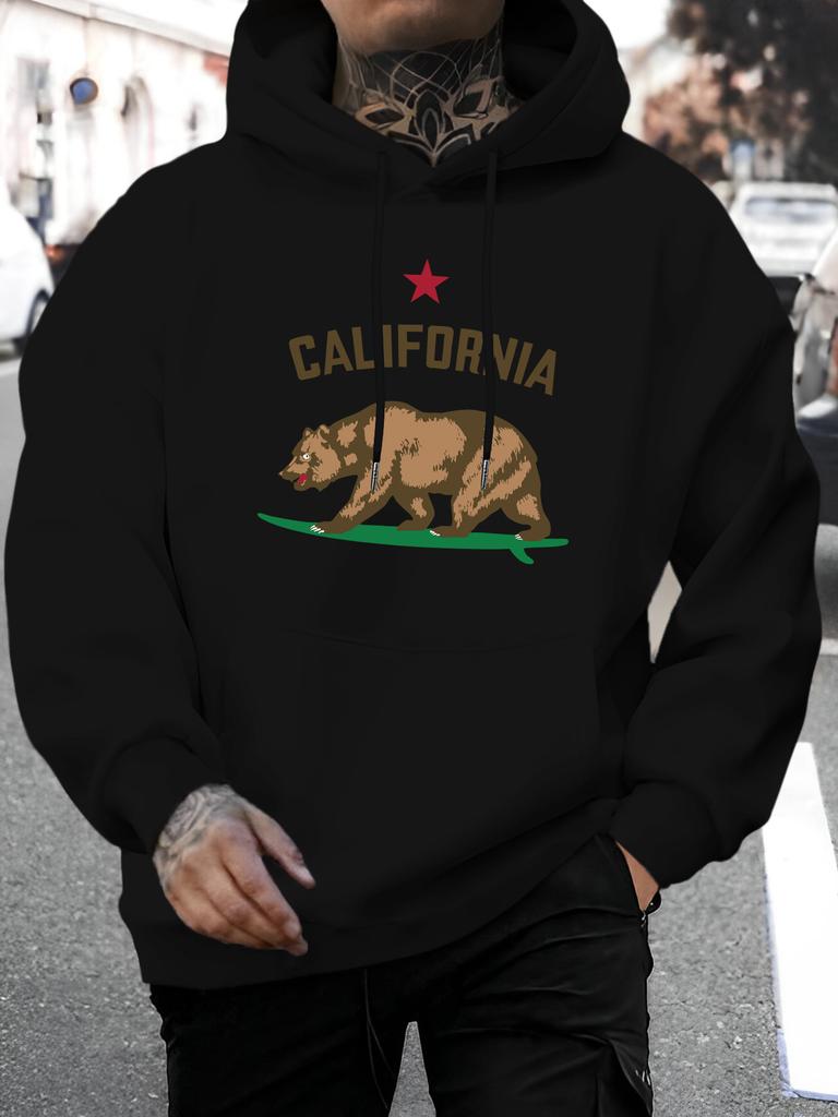 2025 unisex Casual Versatile Style Fashion Hoodie, Personalized California Bear Letter Print - Casual Pullover, Kangaroo Pocket, Stretchy Fabric, Mach