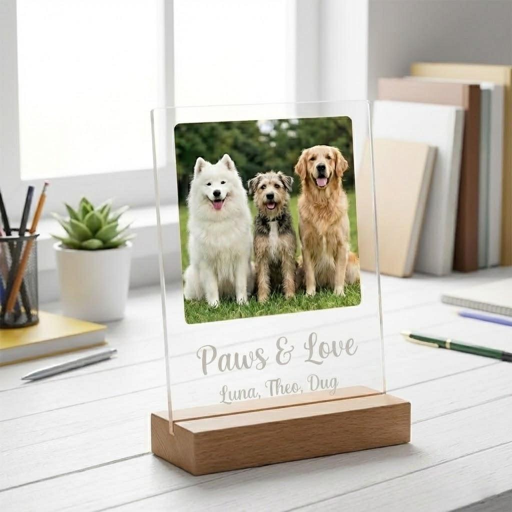 Personalized Pet Memorial Night Light Custom Pet Photo Text LED Acrylic Wood Base Thoughtful Gift or Pet Lovers Owner Friends