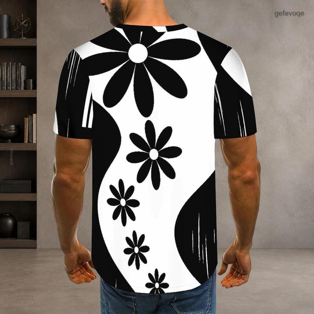 Men Plus Size Round Neck Short Sleeve T Shirt Black White Swirl Stripe Printed Pullover Straight Hem