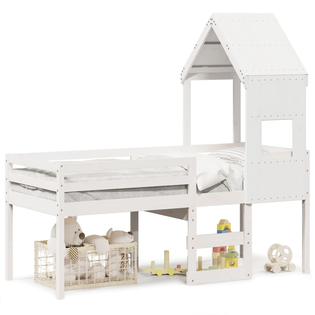 High Bed with Roof White 90 x 190 cm Solid Pine Wood