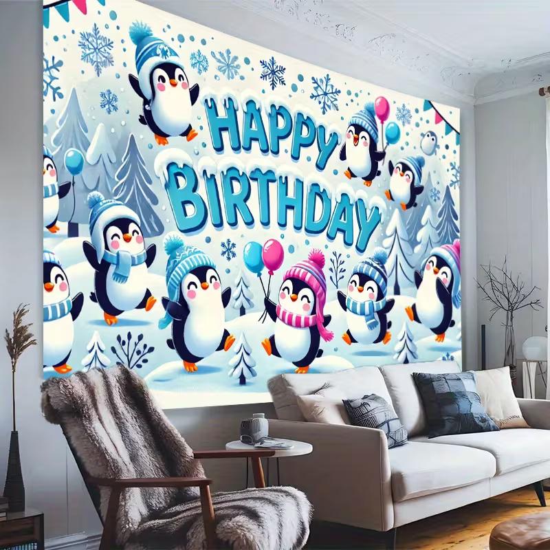 Fondo de Feliz Cumpleaños de Pingüino Lindo 2D, Pancarta Decorativa para Fiesta Invernal de Nieve