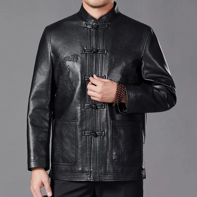 Autumn Men Pu Leather Tang Suit Jacket Chinese Traditional Ethnic Loose Casual Dad Coat Vintage Streetwear Windproof Outerwear