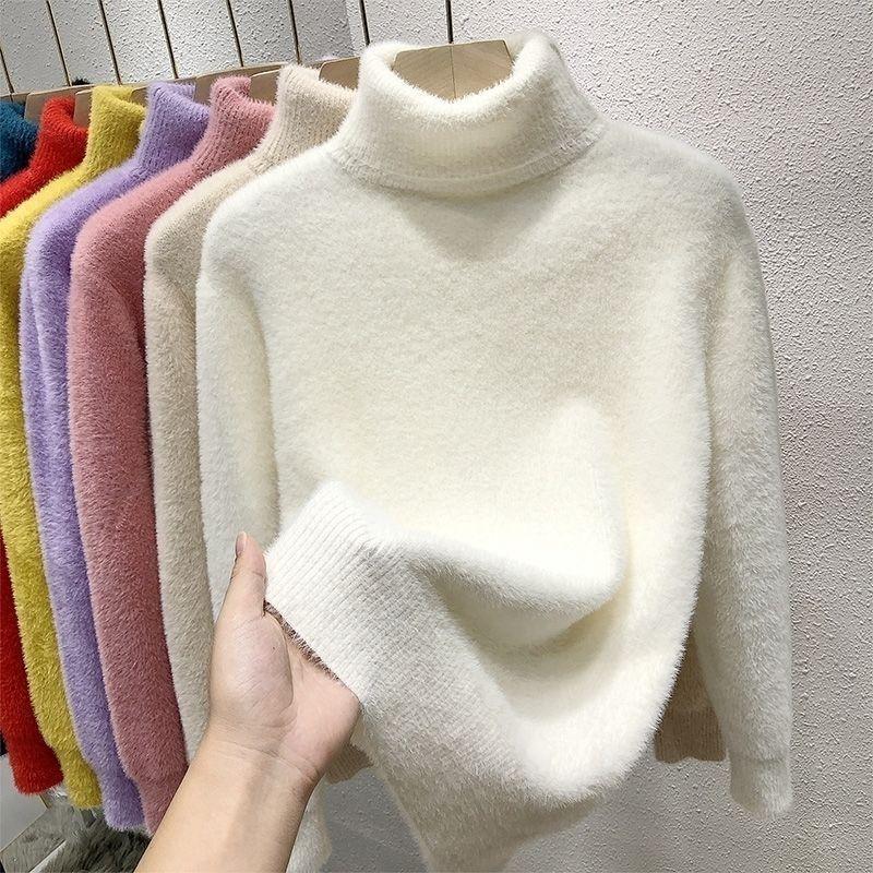 Women's Turtleneck Sweater Faux Mink Women Solid Plush Thickened Warm Bottoming Shirts Basic Knitwear Thermal Pullovers