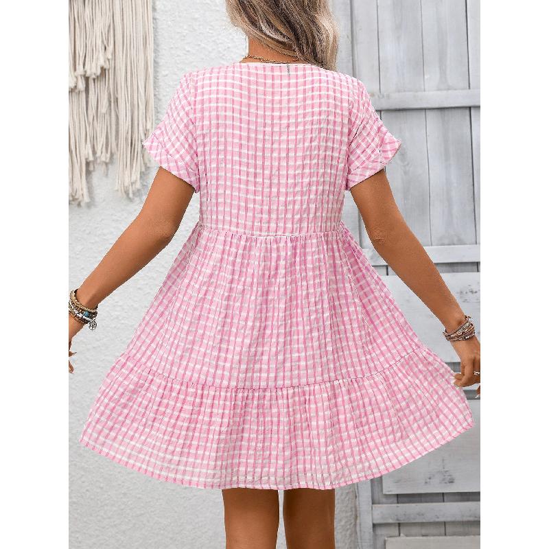 2026 Summer New Women's V-neck Loose Casual Short-sleeve Plaid Dress