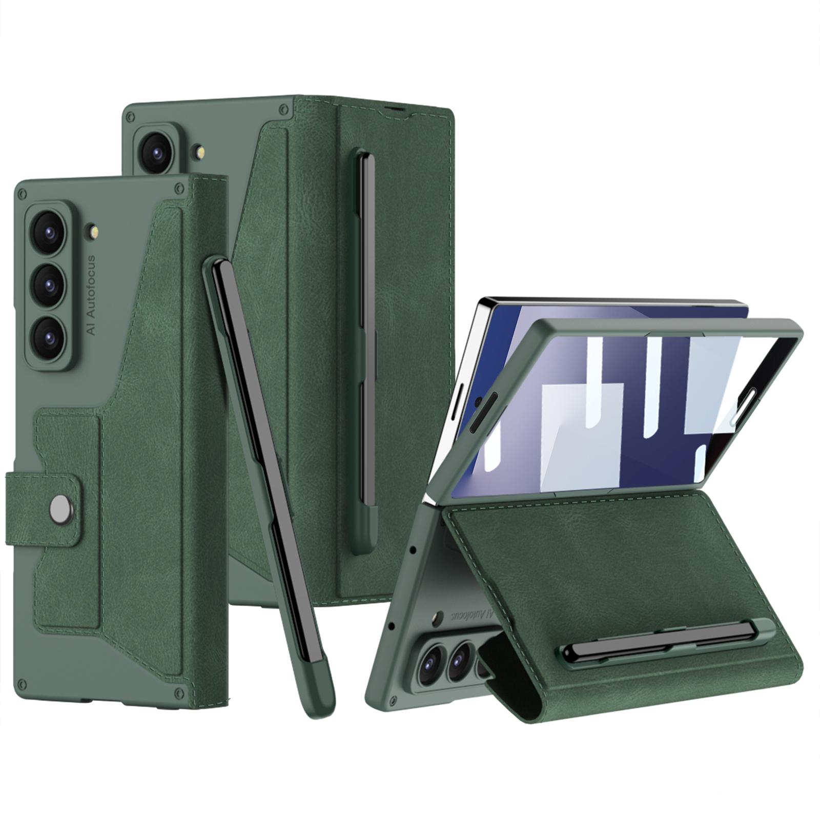 

GKK For Samsung Galaxy Z Fold7 5G Kickstand Case Pencil Slot PC+PU Phone Cover with Screen Film Green