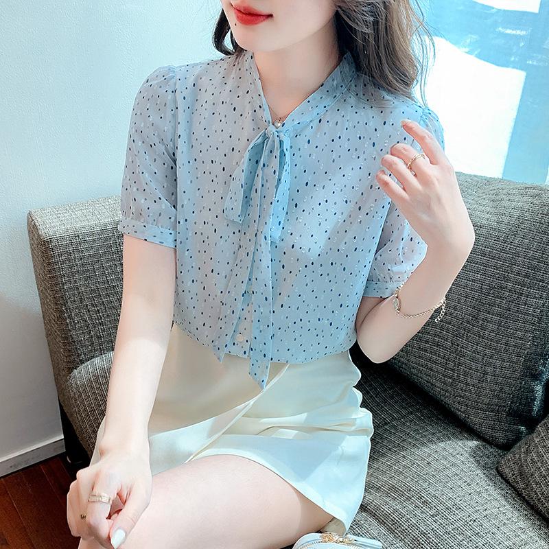Blue Polka Dot Short-Sleeve Women's Chiffon Ribbon Shirt, Summer 2025 Collection