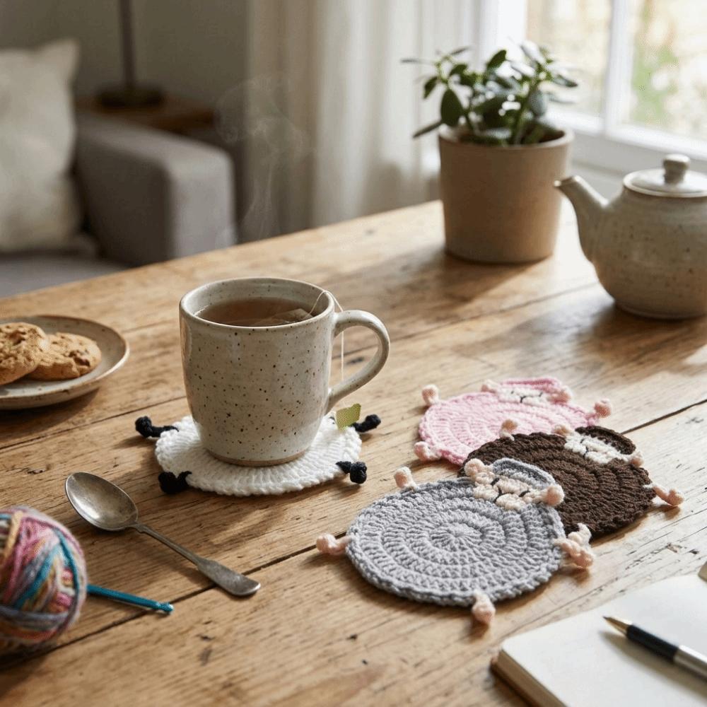 Cartoon Knitted Animal Coaster Handmade Teacup Pad Creative Crochet Lamb Coasters Home Decor
