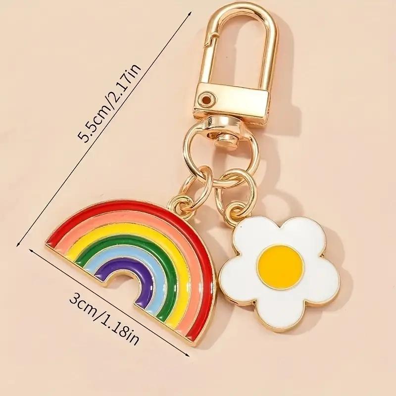 Vibrant Golden-Tone 1pc Rainbow Heart Pendant Keychain | Colorful Striped Rainbow & White Daisy Design for Phones, Cars, and Backpacks