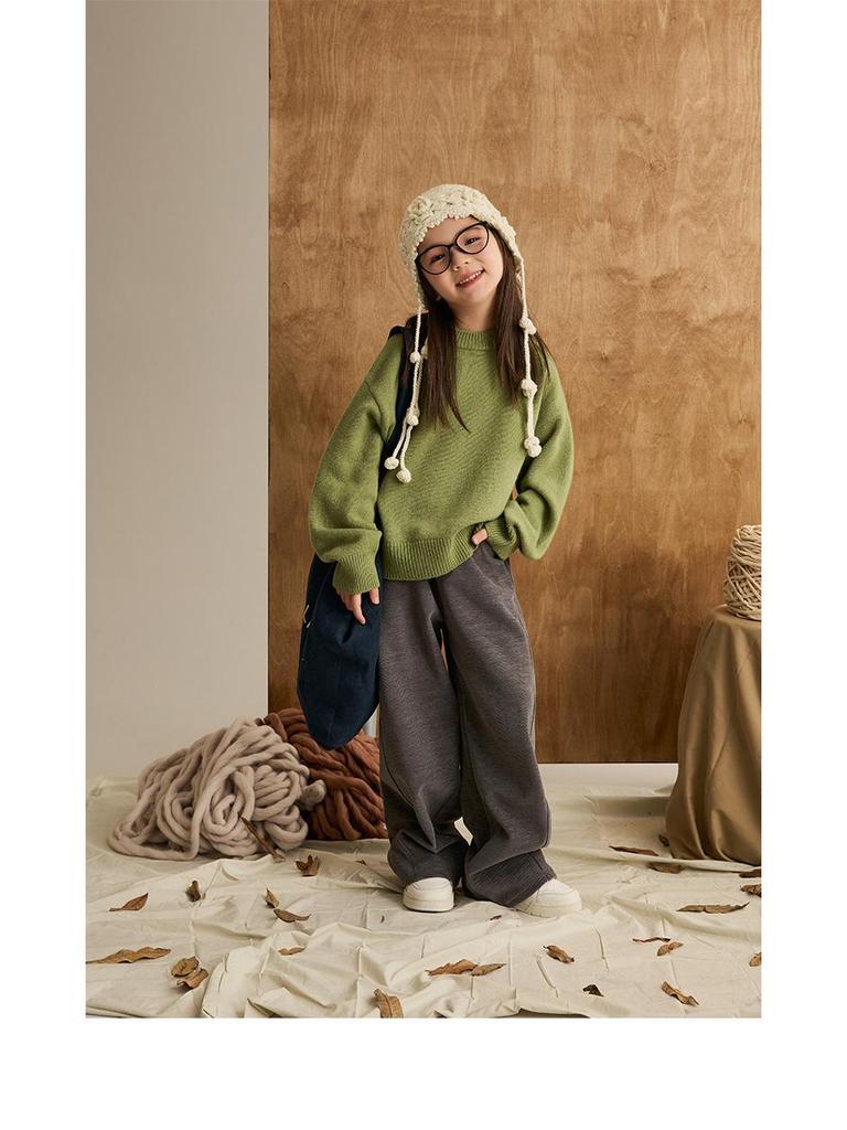 Children's Wool Ribbed Sweater - Round Neck, Cozy Autumn/Winter Base Layer for Girls