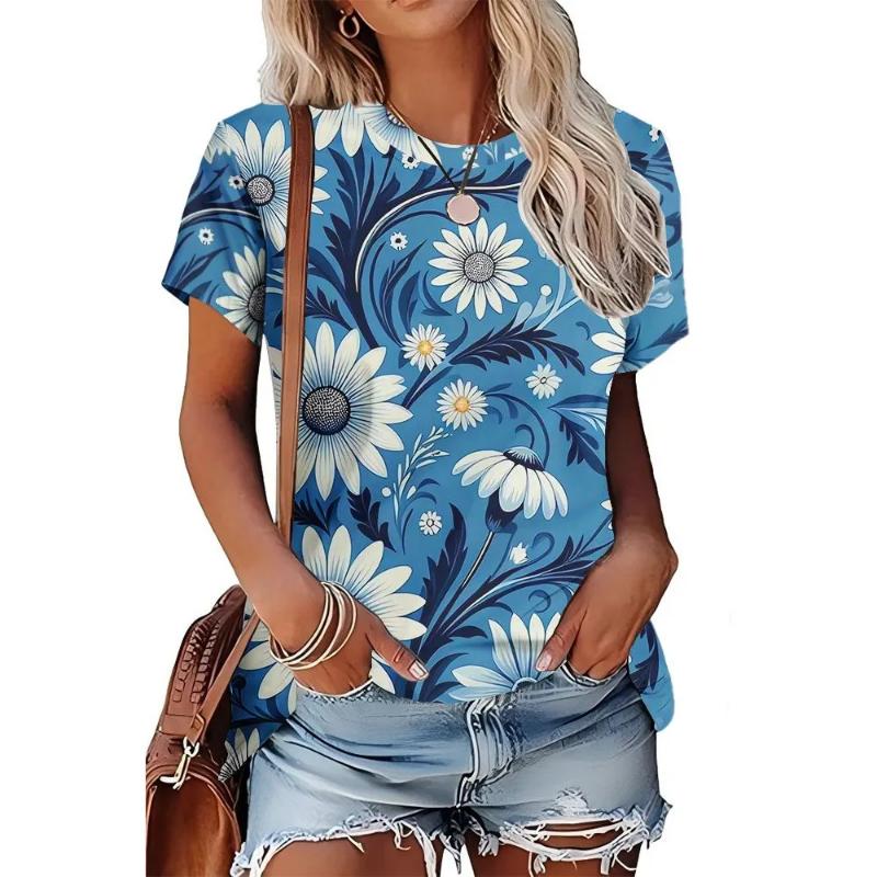 Moda para Mujer Cuello Redondo Manga Corta 3D Casual Estampado a Color Camiseta Casual de Manga Corta con Cuello Redondo