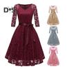 Women Prom Dress V Neck Back Zipper Bow Belt Tight Mid Waist Flower Embroidery A-line Loose Hem Long Sleeve Double Layers Elegant Party Banquet Midi