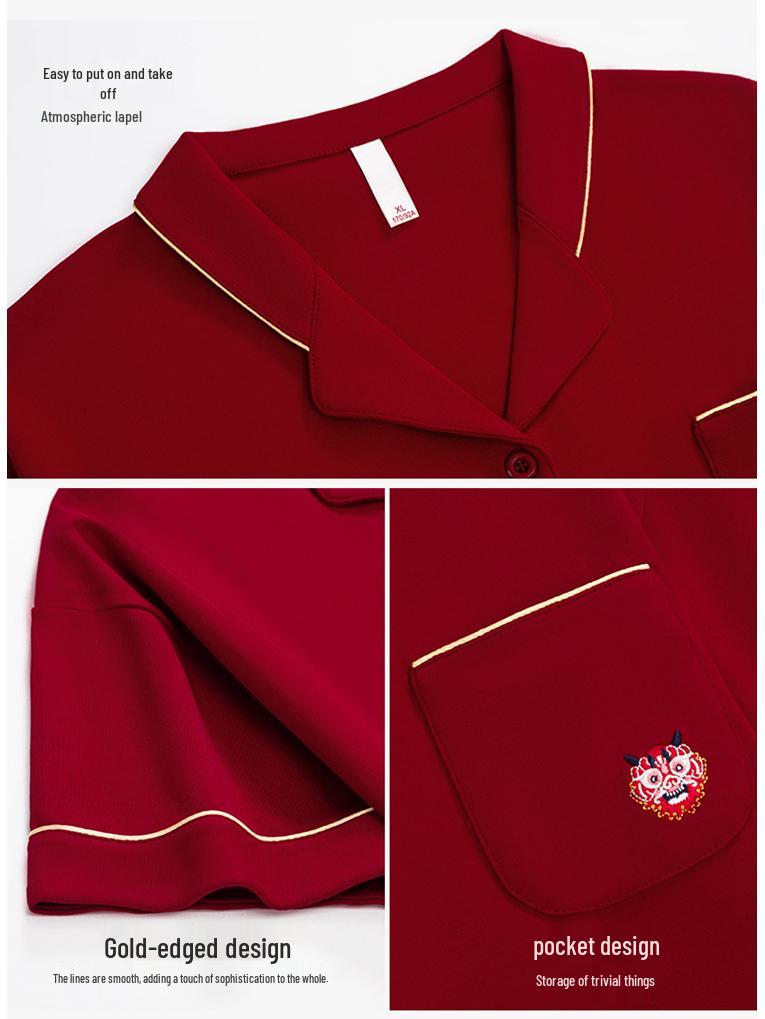 Rote Jahr des Drachen Lyocell Baumwolle Paar Pyjamas: Kurzarm, Lange Hose, Lässiger Cardigan für Zuhause oder Draußen