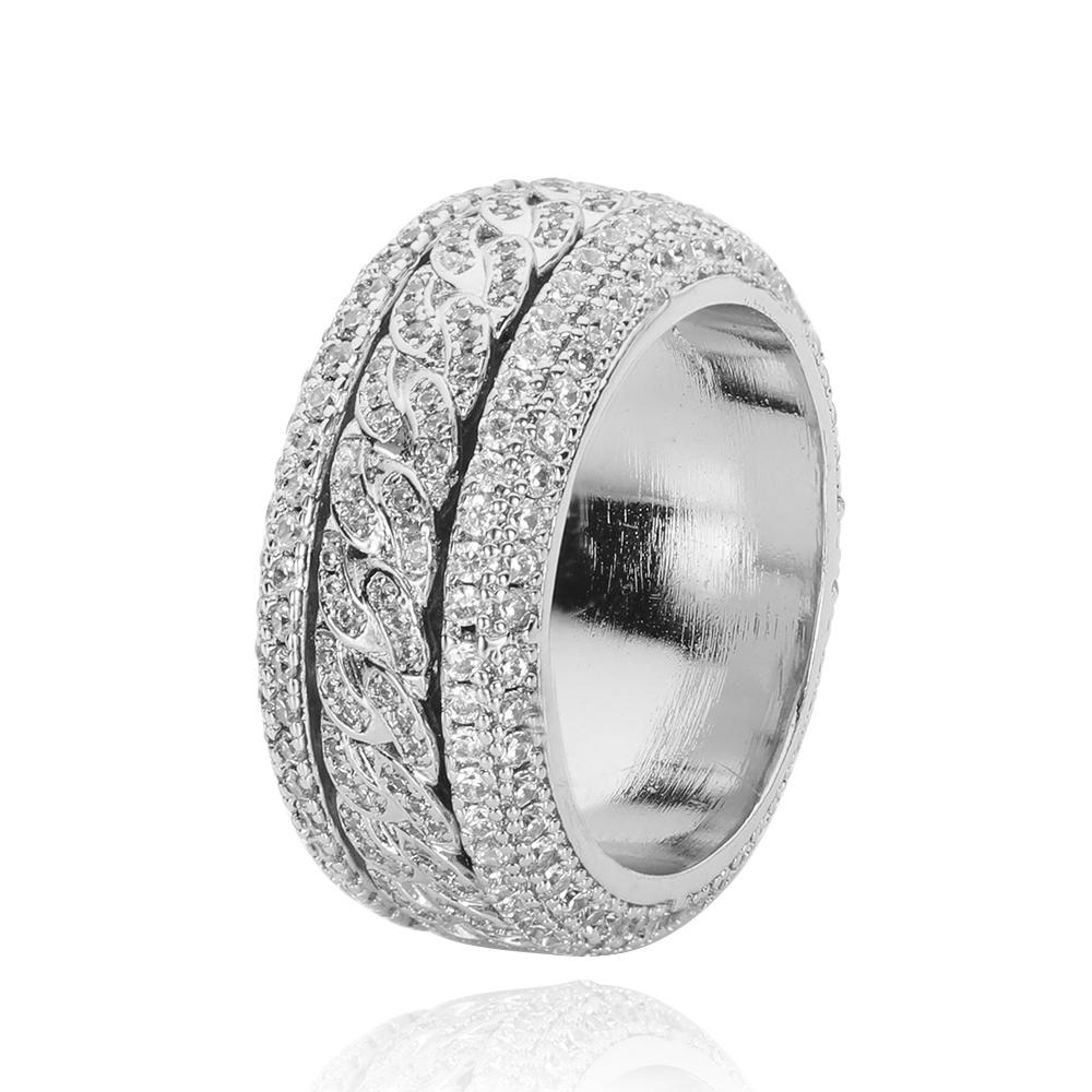 New Cuban Link Chain Design Ring Fully Micro Zircon Paved R0tatable Cuban Ring,Hiphop Iced Out Men's Swivel Cuban Ring.