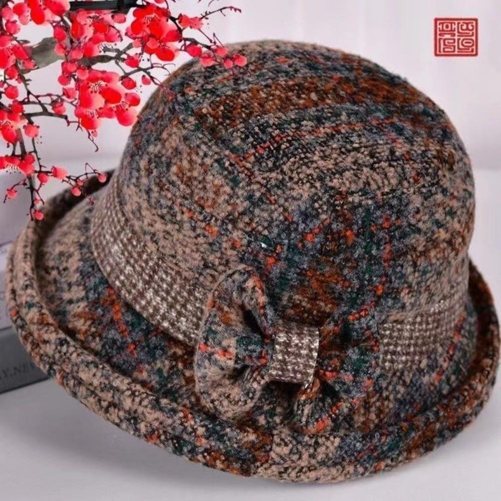 Thickened Bow Top Hat Windproof Cloche Hat Ladies Middle Aged Women Bucket Hat  Autumn