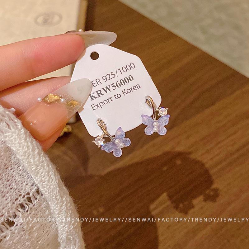 Purple butterfly pearl earrings women s sweet temperament super fairy stud earrings Mori earrings
