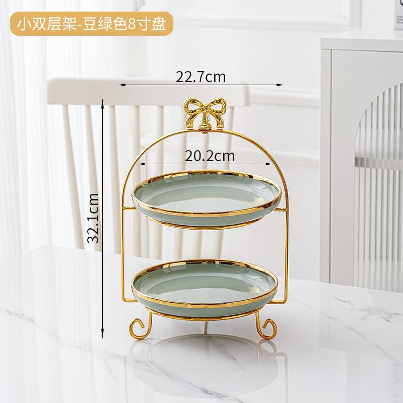 Golden Edged Double-layer Ceramic Tray, Cake Rack, Snack, Fruit Tray, Afternoon Tea Dessert Display Stand, Metal Bow Bracket