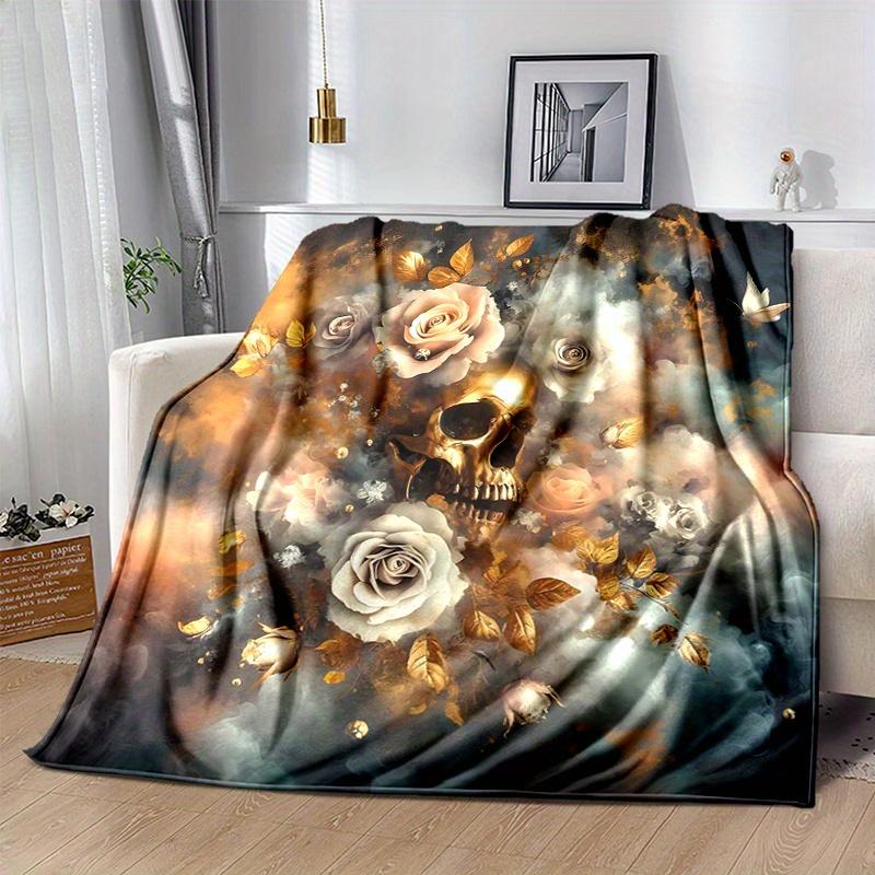 1pc Golden Skull amidst Roses Blanket,Living Room, Travel, Camping, Car Blankets