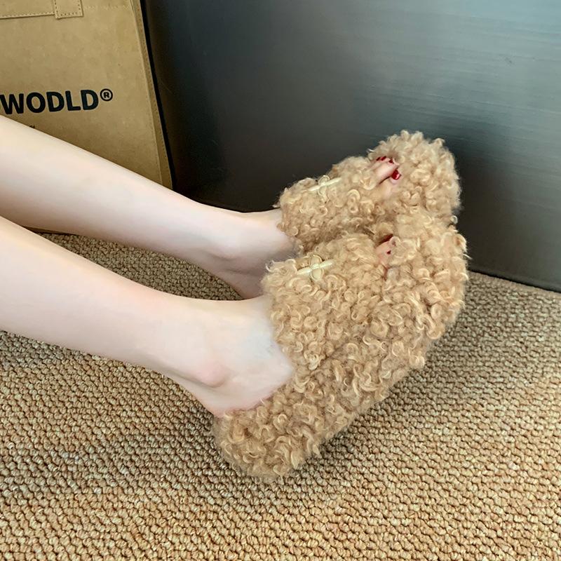 Korean version of cross flower fluffy slippers women's 2025 autumn and winter new fashion open-toed thick-bottomed flat-bottomed cotton slippers wome