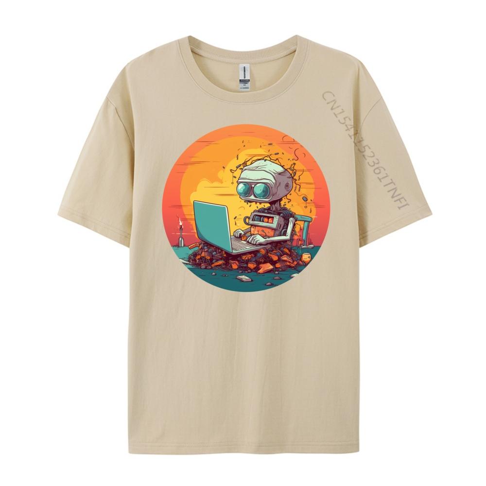 Funny Smart Ai Robot With Laptop For Portable Computer Fans Black Graphic T Shirts Autumn Mens Cotton TShirt Halloween