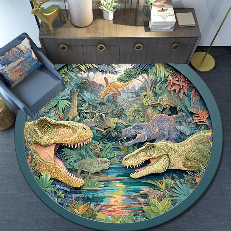 Dinosaur Round Area Rug,Carpet Rug for Living Room Bedroom Sofa Playroom Decor,Non-slip Floor Mat