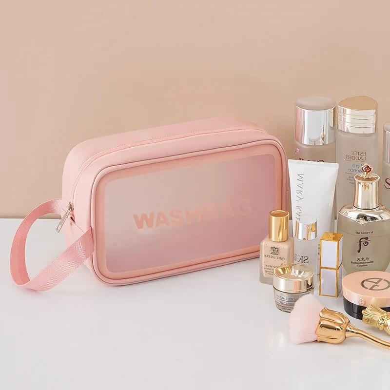 Přenosná cestovní taška na mytí pro ženy Průhledná voděodolná kosmetická taštička Velkokapacitní kosmetický organizér Pu materiál