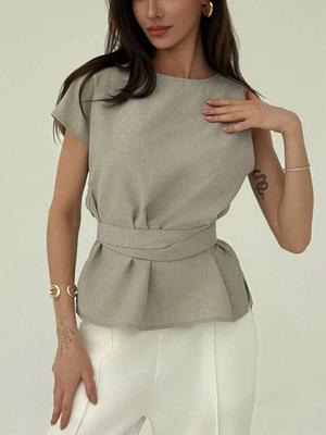 Ladies' Temperament Sleeveless Polyester Shirt with Cinched Waist, Solid Color Casual Versatile Top