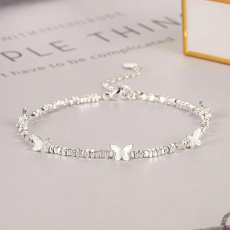 Sterling Silver Beaded Butterfly Bracelet Chains for Women Girls Fashion Jewelry