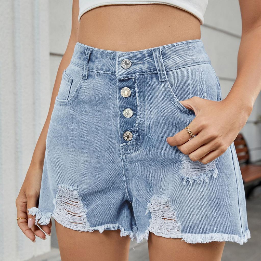 Women's Fashion Trend Solid Color Pocket With Frayed Edges And Holes Denim Casual Shorts