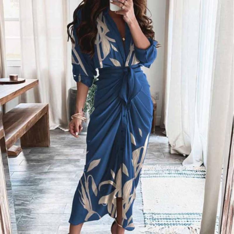 2026 Womens Elegant V-Neck Wrap Tie High-Waist Floral Print Long Dress Slim Fit Casual Office Wear