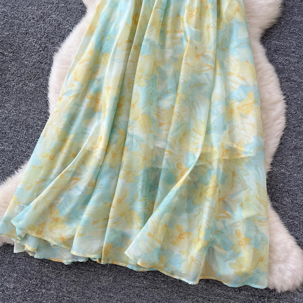 Summer Women V-neck Print Chiffon Halter Open Back Beading Long Maxi Holiday Beach Dresses