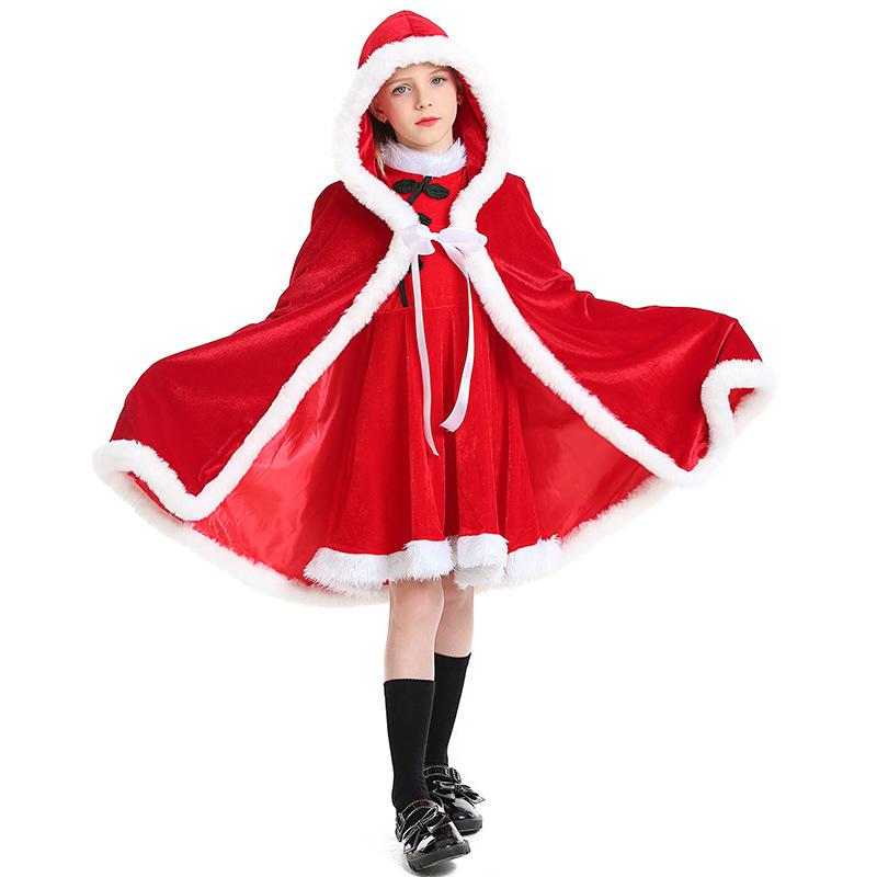 Kids Girls Santa Claus Xmas Red Yellow Hooded Cloak Shawl Children Christmas New Year Cosplay Costumes Kindergarten Performance Role Play Outfit