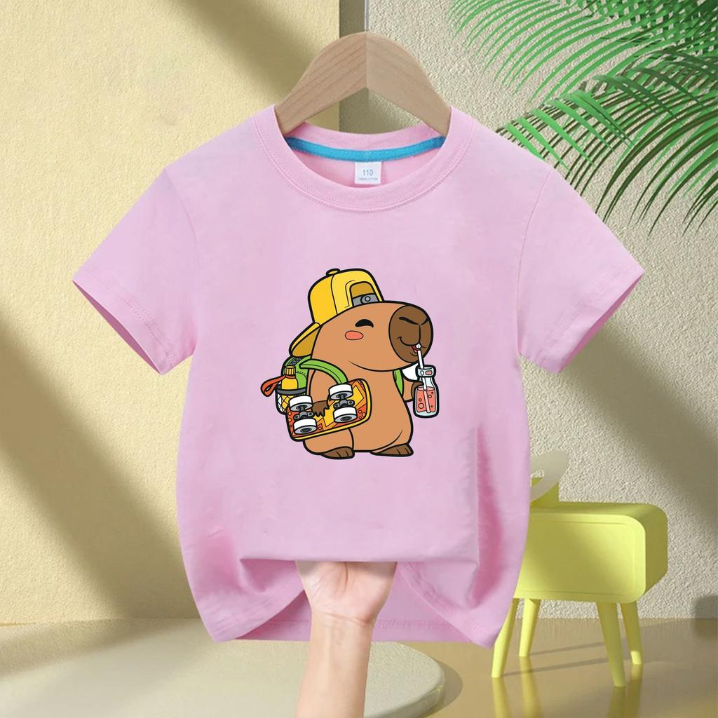 Top Casual de Manga Curta Infantil para o Verão Moda Meninos e Meninas Aniversário Fofo Capivara Camiseta Infantil com Estampa de Balão de Bolha de Coração