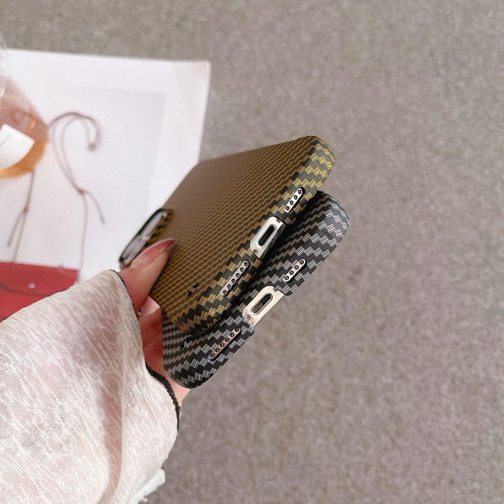 Schlanke, harte PC-Hülle ohne Rahmen für iPhone 14 13 11 12 Pro Max Mini Xr X Xs 7 8 Plus Karbonfasermuster mit Lanyard-Loch