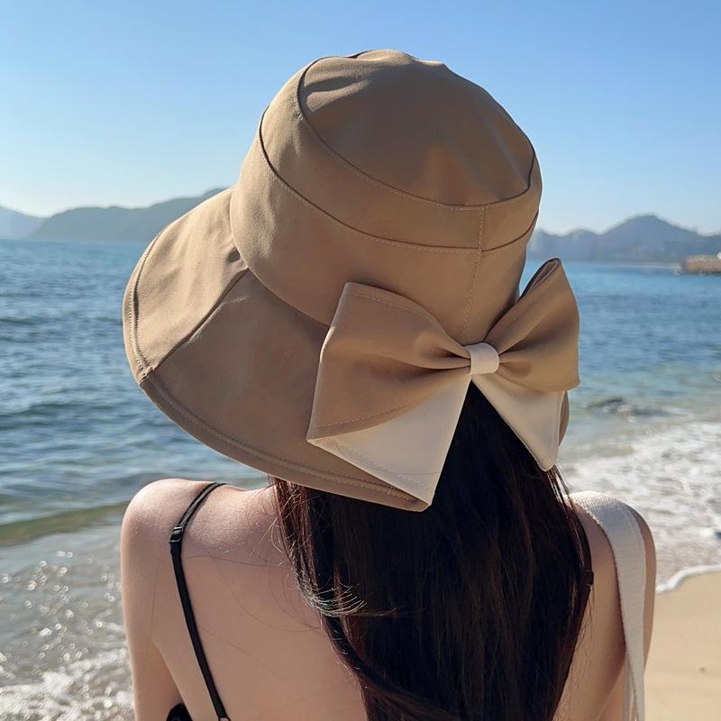 Women Big Bowknot Bucket Hat Solid Color Wide Brim Sun Protection Fisherman Panama Cap Sweet Girl Female Travel Beach Visors Hat