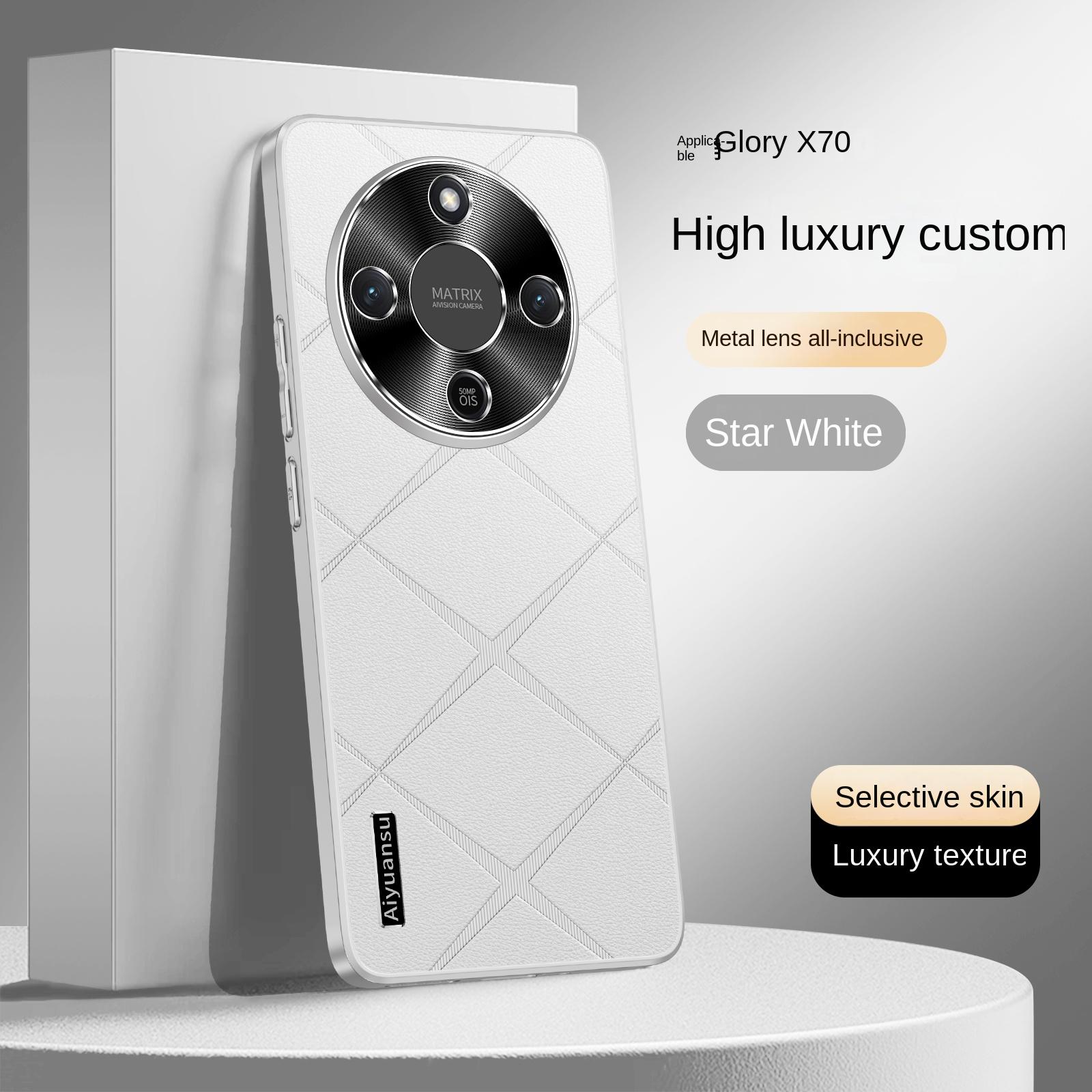 

Для Honor X70 высококлассный чехол из веганской кожи, с металлической защитой объектива, противоударный и устойчивый к отпечаткам пальцев белый