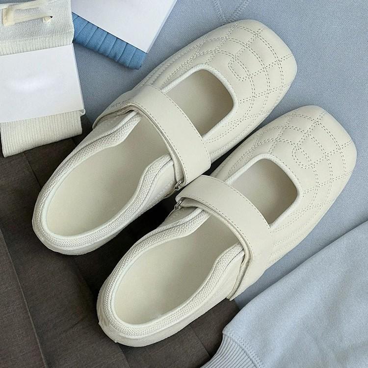 Cowhide version~ 5cm inner height increase square head flat bottom ballet shoes women's niche leather one word with shallow mouth single shoes 