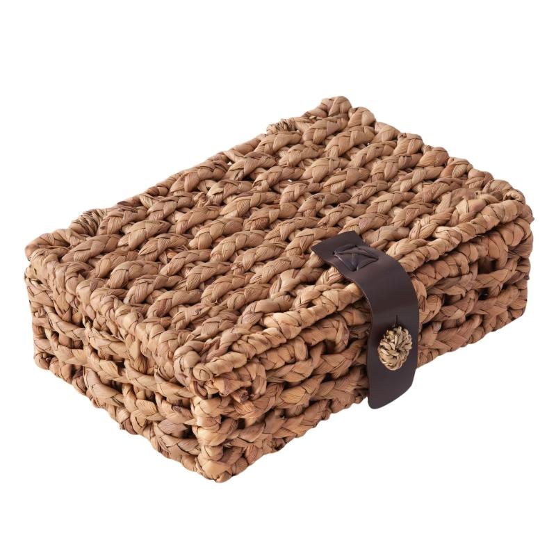 Natural Fiber Storage Box With Cover Permanent Interlaced Design For Home Organization And Display