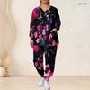 Women Plus Size Black Pink Floral Printed Nurse Scrub Set V Neck Long Sleeve Pockets Top Long Pants