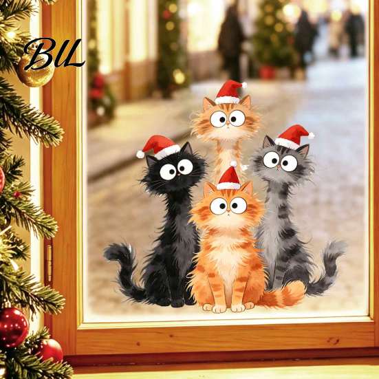 Gift for Cat Lovers Christmas Window Cling, Cartoon Cats Sticker with Santa Hat, Removable DIY Scene Decals PVC Static Glass Decal Holiday Bedroom