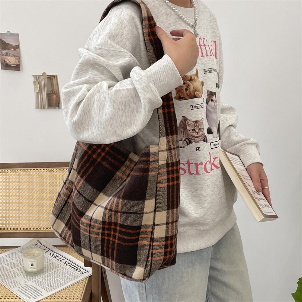 Stylish College Style Plaid Wool Shoulder Bag Spacious Crossbody Tote For Students
