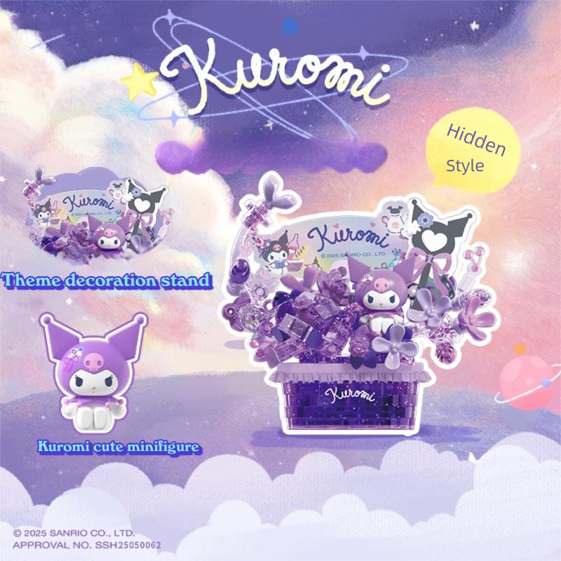 Sanrio Flower Basket Potted Building Blocks Hello Kitty Kuromi Bonsai Model Bricks Desktop Ornaments Surprise Blind Box Gifts