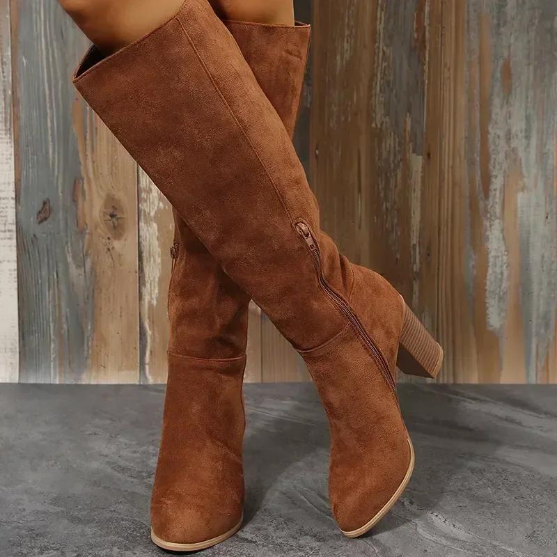 Women Retro High Heels Boots Western Cowboy Chunky Shoes Winter New Warm Plush Leather Knee High Long Suede Boots 2025