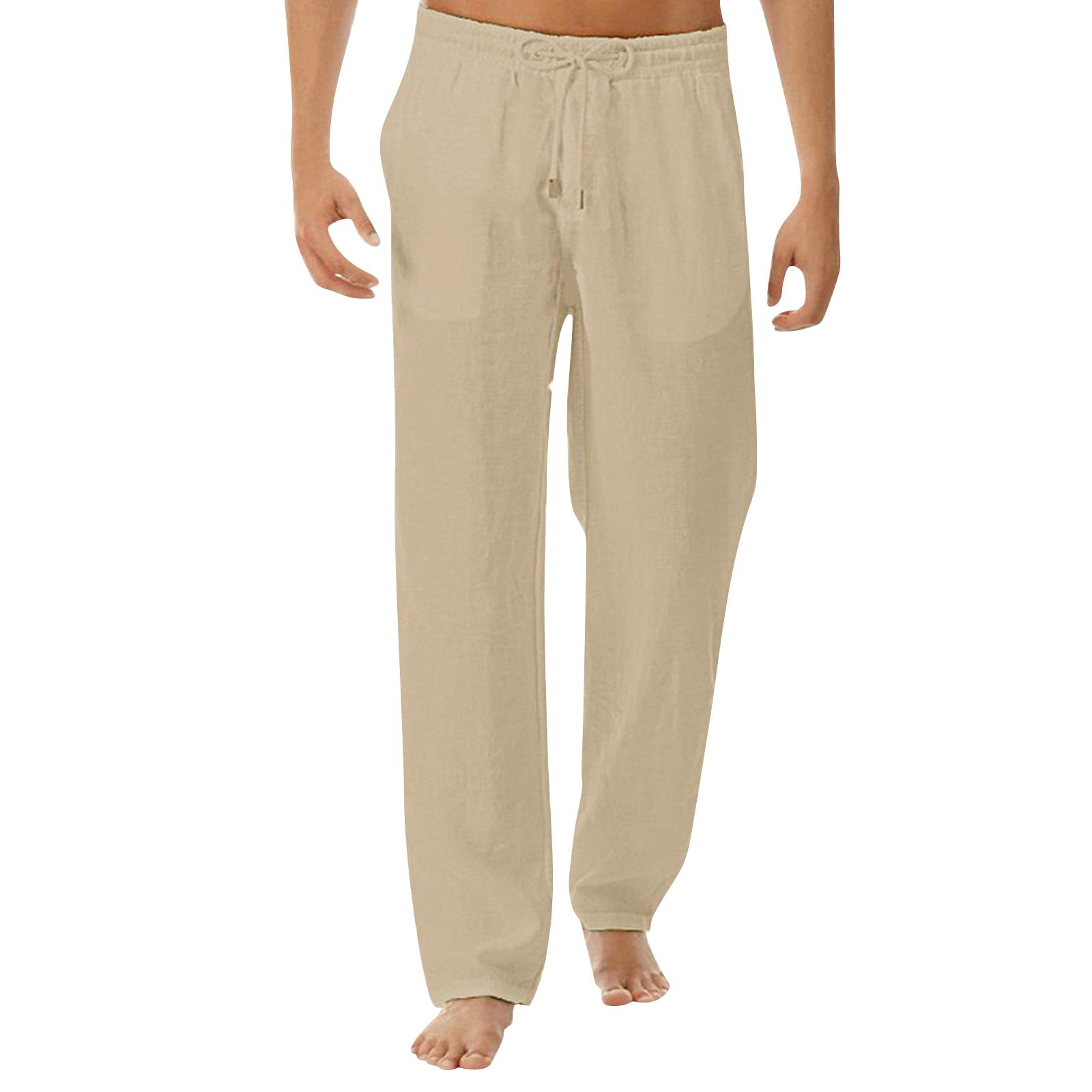 

Men s Linen Loose Fitting Casual Lightweight Elastic Waist Straight Leg Trousers M хакі
